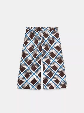 Zara Brown, White and Blue Plaid Wide-Leg Culottes
